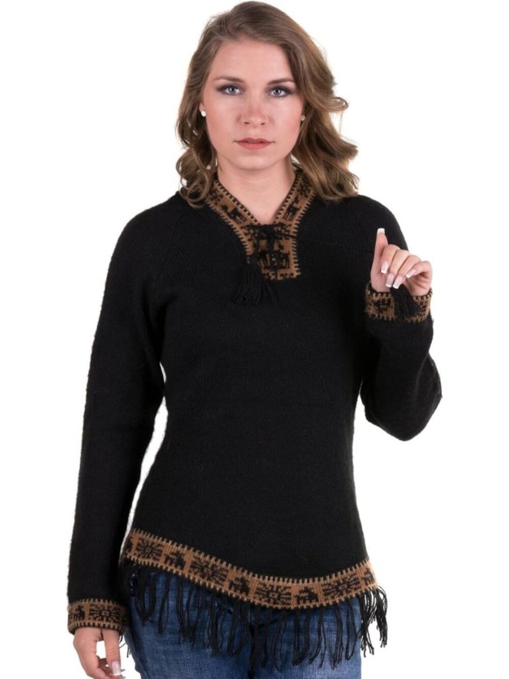 Cozy Lightweight Hooded Alpaca Sweater for Women - Black & Brown Knit Top